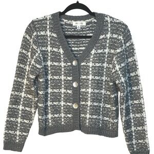 She + Sky Cardigan Sweater Gray White Plaid Knit Button Up‎ Long Sleeve Crop Med